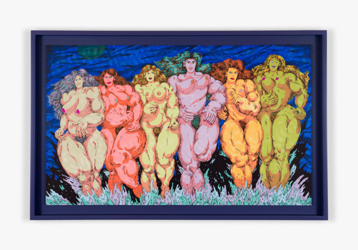 Work on paper titled By the Ocean's Roar depicting six multicolored women running on the beach