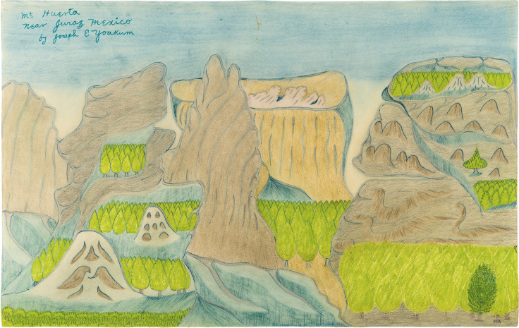Drawing by Joseph Elmer Yoakum titled Mt. Huerto near Juraz Mexico from c. 1970
