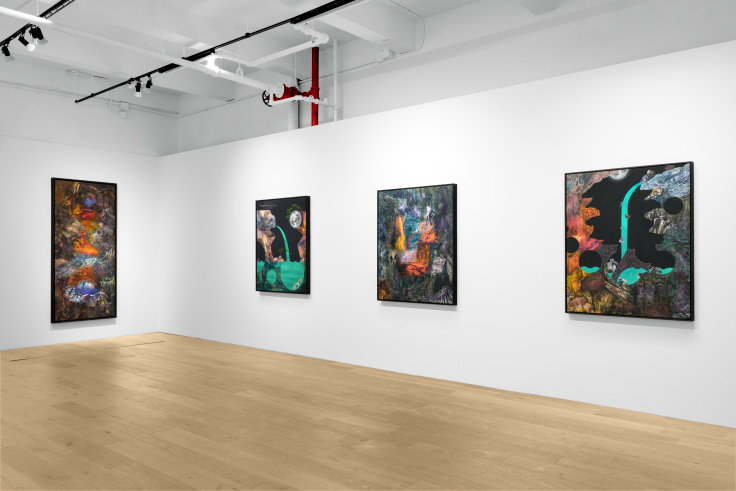 Installation view of Dustin Yellin: Cave Painting at Venus Over Manhattan, New York, 2023