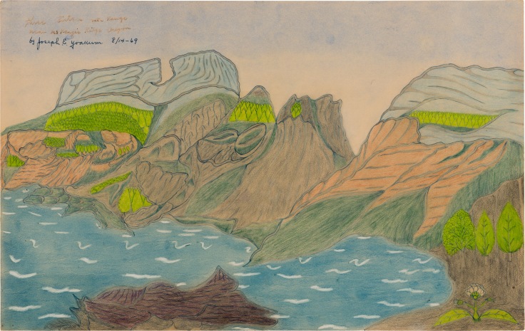 Drawing by Joseph Elmer Yoakum titled Three Sisters Mountain range near McKenzie Ridge from 1969