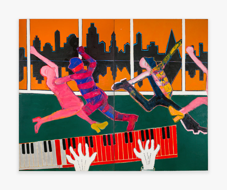 Painting by Joan Brown titled Dancers in a City #4, from 1973