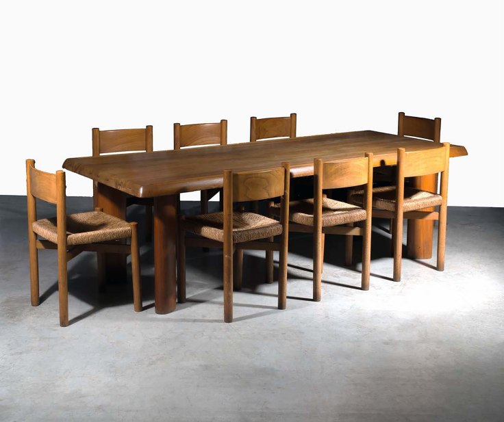 Charlotte Perriand Table à gorge et huit chaises dites &ldquo;Méribel&rdquo; designed 1956, produced c. 1957