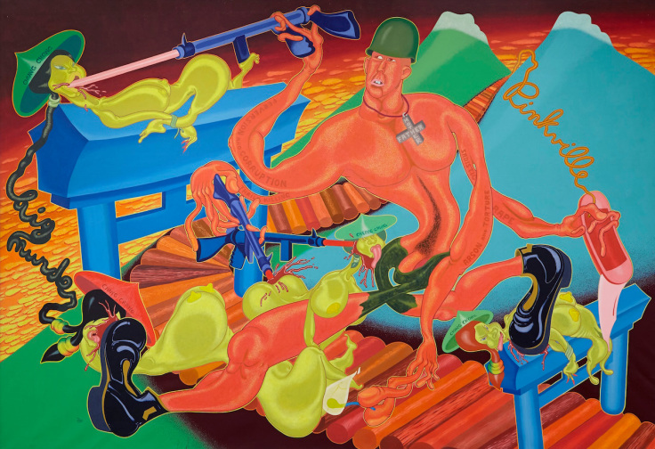Peter Saul, &ldquo;Pinkville&rdquo; (1970), acrylic on canvas, 90 x 131 inches (all images courtesy of Venus Over Manhattan)
