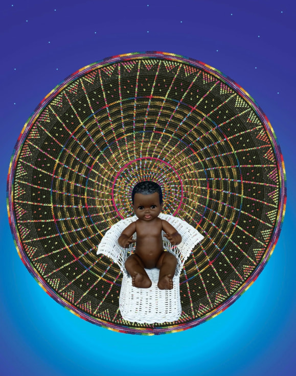 Xenobia Bailey, &ldquo;Still Life Photo Dedicated to all the Babies Born During the Covid-19 Pandemic,&rdquo; hand-crocheted black hole, African-American manufactured doll, handmade miniature wicker chair (all images courtesy Xenobia Bailey)
