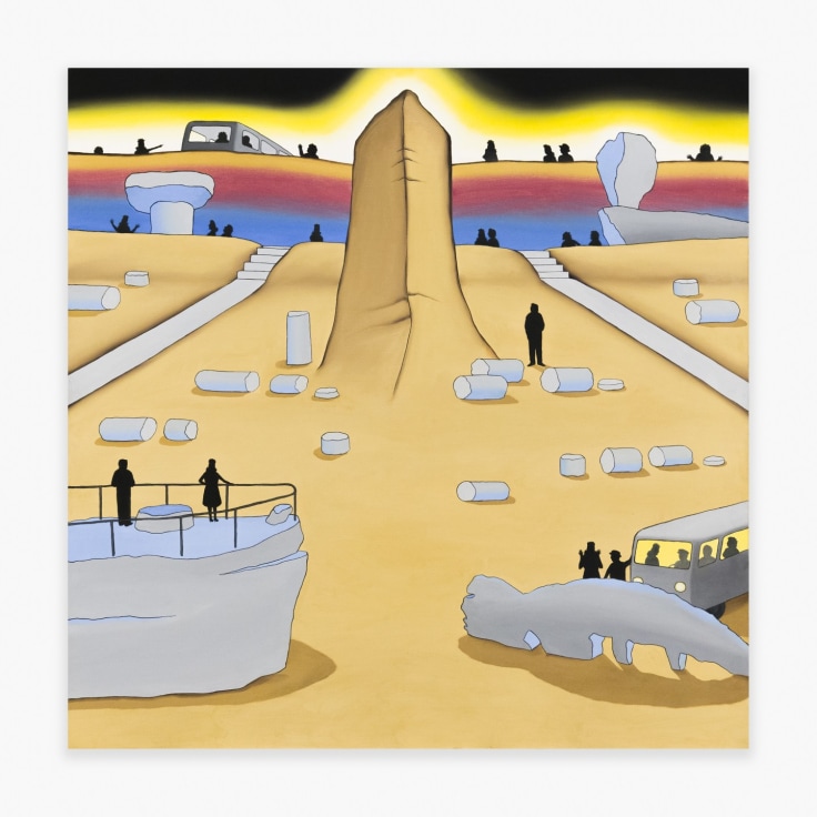 Painting by Roger Brown titled Painted Desert (Including Monument Rock, Mushroom Rock, Ship Rock, Lion Rock, Balance Rock, and Petrified Forest with Tourists) from 1971