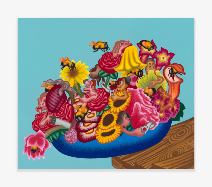 Painting by Peter Saul titled The World Is a Bowl of Flowers from 2020