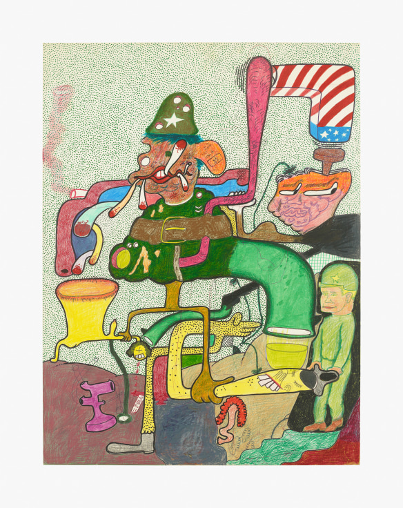 Work on paper by Peter Saul titled GI with Machinery from 1965