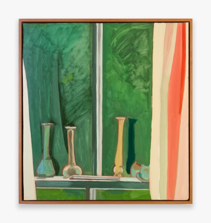 Painting by Lois Dodd, titled Still Life on the Window Ledge, from 1973
