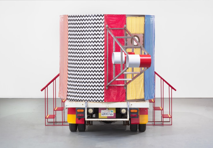 PETER SHIRE, &quot;MR. TRUCK GOES TO COFFEE, OR THIS ONE&rsquo;S FOR YOU,&quot; 2016. 1979, TOYOTA 1-TON FLATBED TRUCK, STAINLESS STEEL, VINYL COVERING.