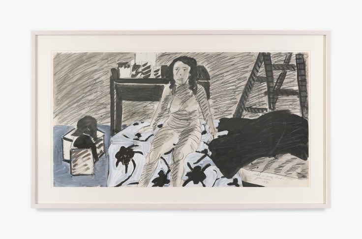 Work on paper by Joan Brown titled Model in Busy Studio from 1971