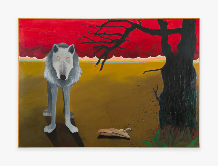 Painting by Joan Brown titled Grey Wolf with Red Clouds and Dark Tree, from 1968