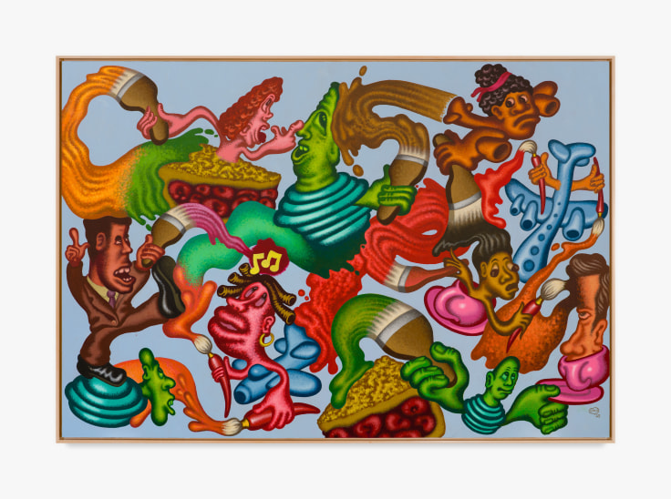 Painting by Peter Saul titled Extraterrestrials in the Art World from 2023