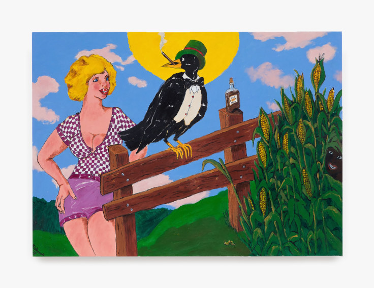 Painting by Robert Colescott titled Old Crow on the Fence from 1978