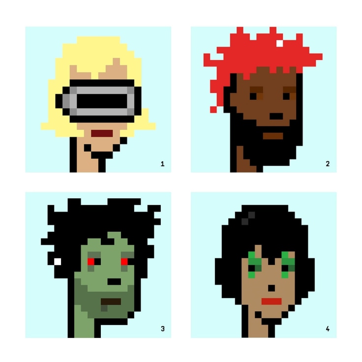 The Cryptopunks: 1.&nbsp;Punk 5124: She is one of 147 Punks who have a blond bob and one of 332 wearing a VR headset.&nbsp;2.&nbsp;Punk 5224: His luxurious beard can be found on 286 Punks, while 414 have finger-in-socket red hair. This Punk sold in April for $66,664.&nbsp;3.&nbsp;Punk 1478: One of 88 zombies, this bearded, wild-haired Punk is Erick Calderon&rsquo;s avatar on Discord and Twitter.&nbsp;4.&nbsp;Punk 4344: She is one of 382 with green clown-eye makeup; 696 have red lipstick. Her creators call her coif &ldquo;frumpy hair.&nbsp;