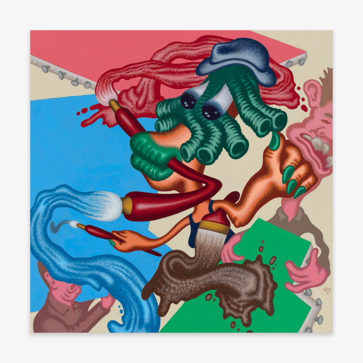 Painting by Peter Saul titled Woman Artist Painting Three Pictures at Once from 2021