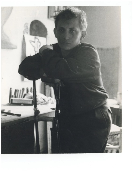 Archival photograph of Maryan at his studio on Rue de Suisse in Paris in 1955 or 1956