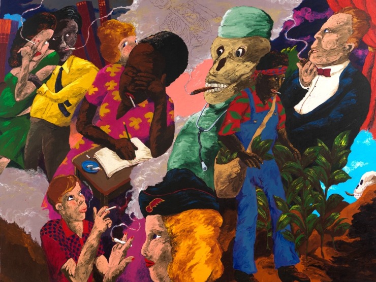 Detail of a painting by Robert Colescott titled Tobacco: Last Holdouts