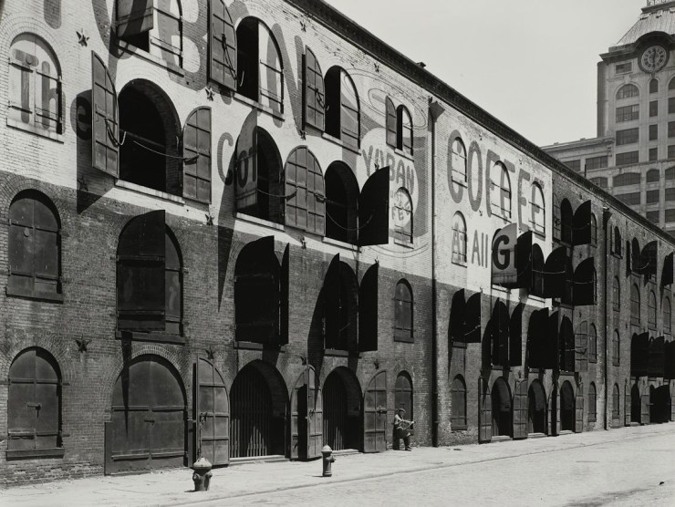 The arched window shutters of a warehouse are photographed in black and white in this very graphical image.