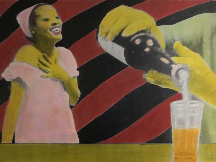 Image of a laughing woman and two hands pouring a beverage into a glass.