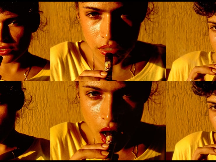 Six images of the same woman wearing a yellow shirt and smoking a cigar