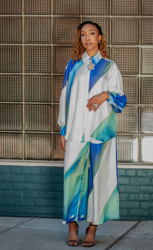 Tavia Atelier x Marina Savashynskaya Dunbar, Ocean Breezes&nbsp;Oversized Button Down Shirt and Wide Leg Pants, 100% Silk