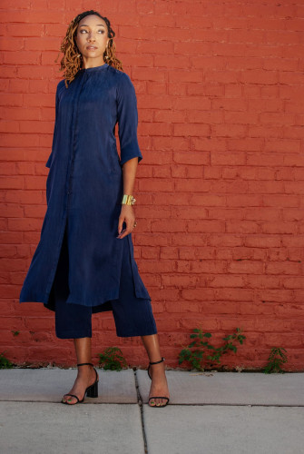 Tavia Atelier, Button Down Tunic and Trousers, Available in midnight blue, electric blue, pink magenta, and emerald green