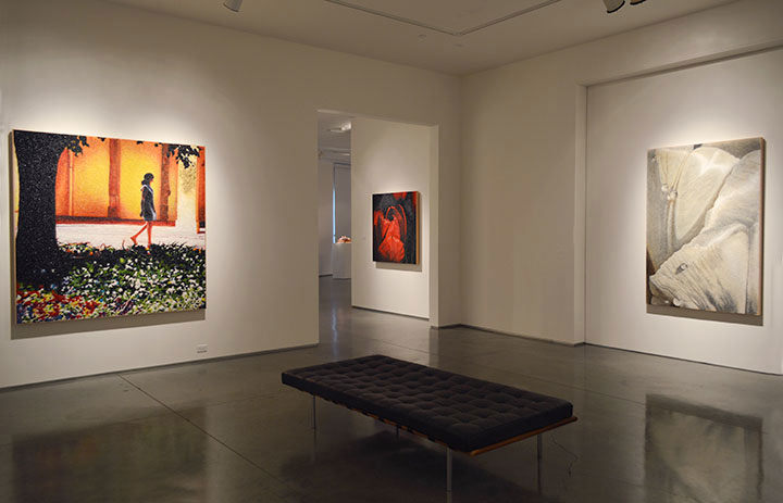 David Willis' exhibition view detail of tulips and lady walking