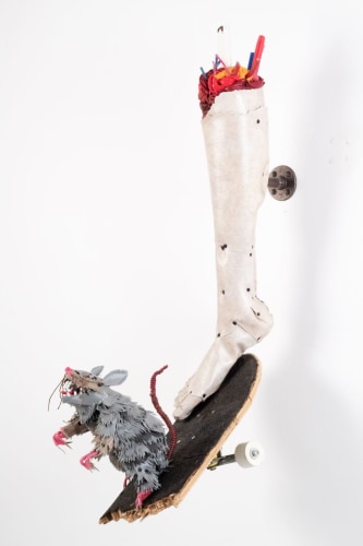 The Giving Tree, 2018, vinyl flooring, plywood, screws, vinyl house siding, coax cable, steel wire, electrical wire, misc. plastics and textiles, PVC, scrap metal, steel hardware, yoga mat, 24 x 9 x 39