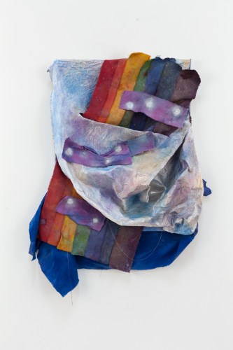 Jamie Powell, Somewhere, 2018, Acrylic and spray paint on dyed torn canvas, 42h x 32w x 9d in.