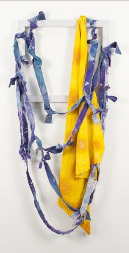 Jamie Powell, Guardian of the Gate, 2018, Acrylic and spray paint on dyed torn canvas, 48h x 20w x 3d in.