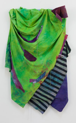 Jamie Powell, Trickster Twist, 2018, Acrylic and spray paint on dyed torn canvas, 55h x 36w x 6d in.