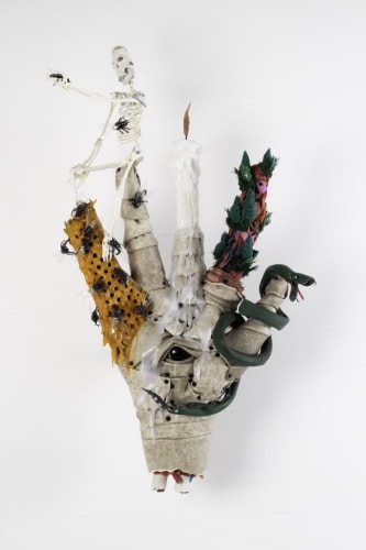 Ascension of the Suzerain, 2018, Plywood, PVC, glass marble, garden hose, coax cable, hot glue, wood glue, copper, misc. plastics, misc. textiles, electrical wires, plastic wires, screws, dish 	wash scrub pads, steel hardware, 14 x 10 x 31 inches