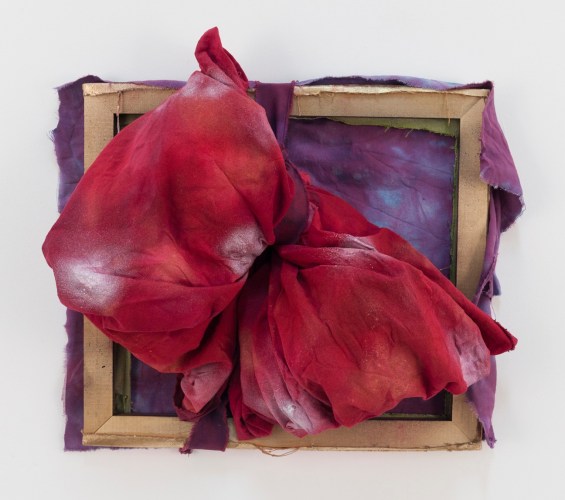 Jamie Powell, Ruby Red, 2018, Acrylic and spray paint on dyed torn canvas, 19h x 22w x 6d in.