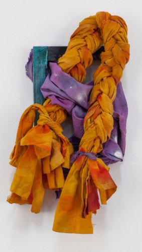 Jamie Powell, Journey Girl, 2018, Acrylic and spray paint on dyed torn canvas, 24h x 13w x 6d in