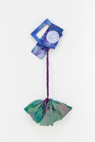 Jamie Powell, The Cow Jumped Over the Moon, 2018, Acrylic and spray paint on dyed torn canvas, 46h x 19w x 9d in.