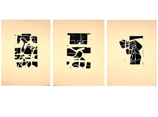 3 Speeches lino cut, oil paint stick on paper