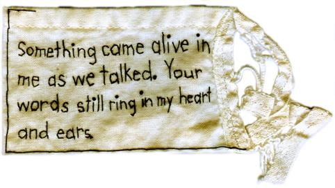 Words Ringing embroidery on antique textile