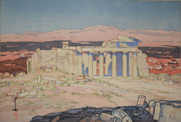 woodblock print, acropolis, Yoshida print