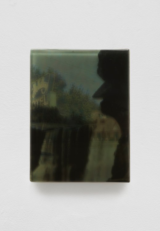 SADIE BENNING,&nbsp;Pain Thing 2,&nbsp;&nbsp;Detail, Sequence 16, Panel 53 (Corbin, Kentucky), 2019, wood, photographic transparencies, aqua resin and resin, 53 panels/16 sequences, each: 9 3&frasl;4 by 7 1&frasl;4 in. 24.8 by 18.4 cm.