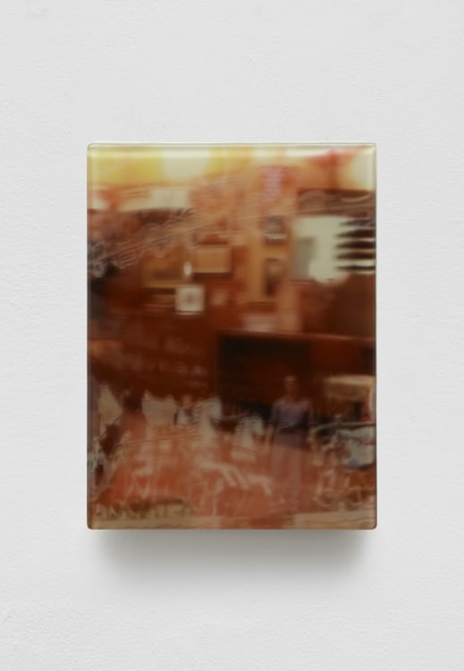 SADIE BENNING,&nbsp;Pain Thing 2,&nbsp;&nbsp;Detail, Sequence 15, Panel 52 (Jack Daniels), 2019, wood, photographic transparencies, aqua resin and resin, 53 panels/16 sequences, each: 9 3&frasl;4 by 7 1&frasl;4 in. 24.8 by 18.4 cm.