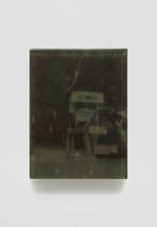 SADIE BENNING,&nbsp;Pain Thing 2,&nbsp;&nbsp;Detail, Sequence 8, Panel 30 (Converted Truck), 2019, wood, photographic transparencies, aqua resin and resin, 53 panels/16 sequences, each: 9 3&frasl;4 by 7 1&frasl;4 in. 24.8 by 18.4 cm.