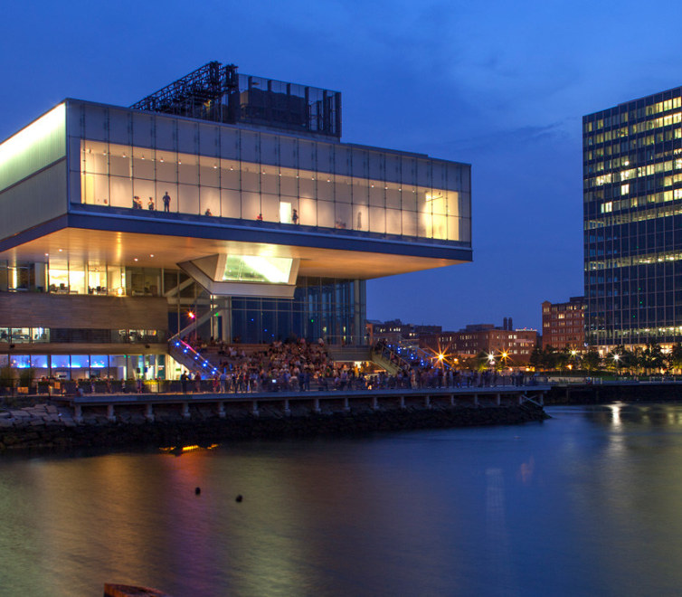 Photograph of the facade of ICA Boston sitting above the water