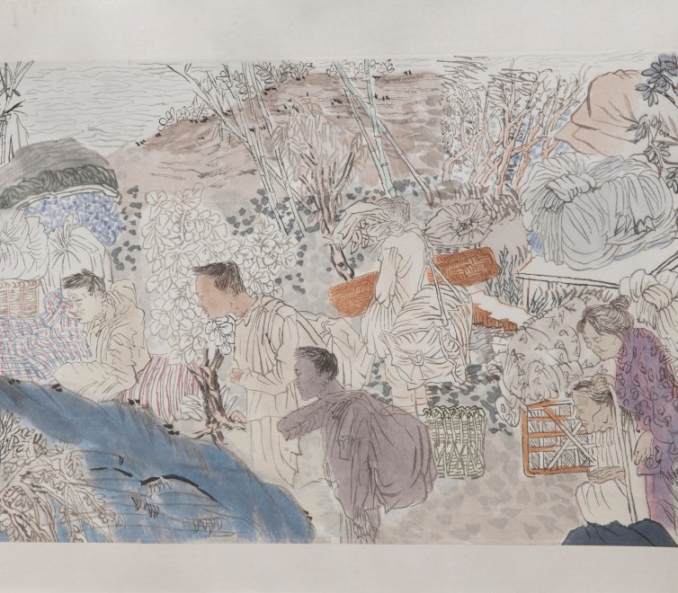 YUN-FEI JI, The Three Gorges Dam Migration, 2009 Hand-printed watercolor woodblock mounted on paper and silk, 15 7/8 x 123 3/4 in.
