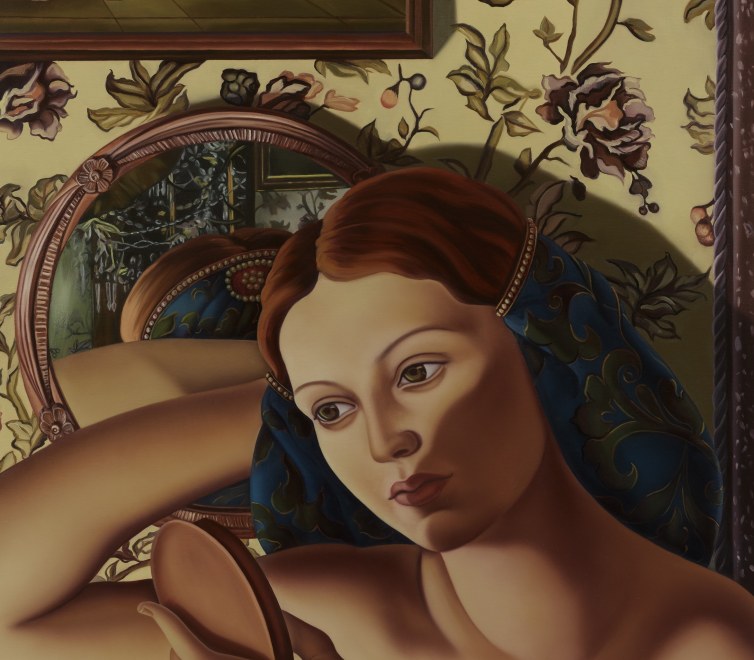 Image of a painting depicting a woman looking into a handheld mirror against a decorative wallpaper background, bv Jesse Mockrin.