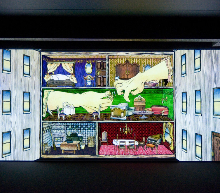 video of still of an animated doll house with giant arms entering the space through its windows