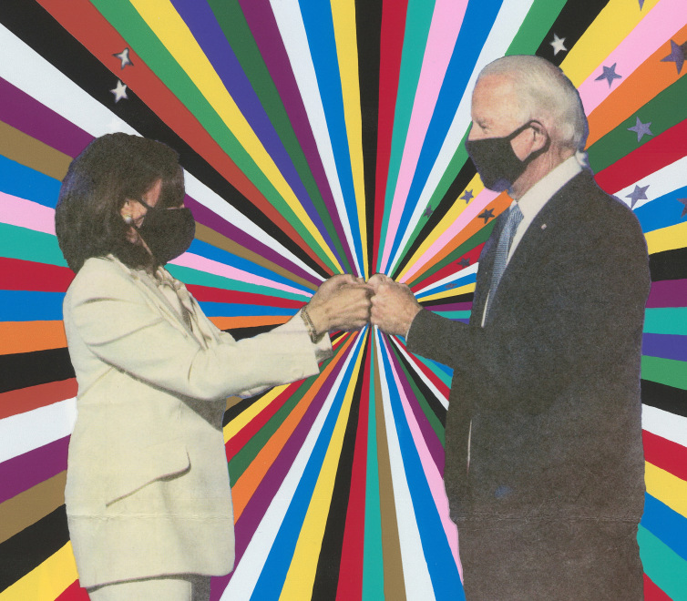 Biden and Kamala Harris bump fists against a multi-color background