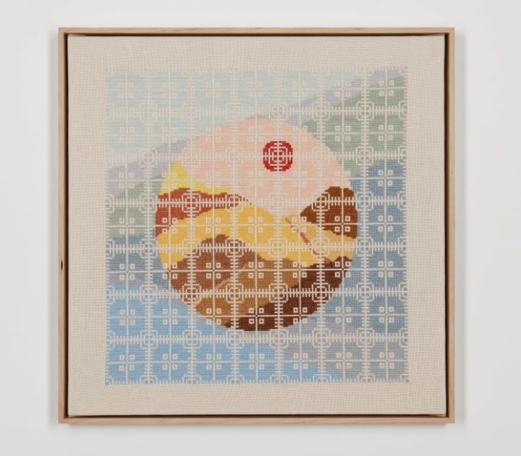 Image of woven work with a circle containing a minimalist mountain landscape 