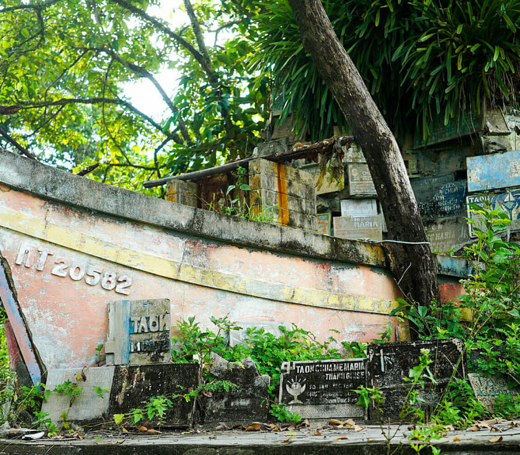 boat-like structure abandoned with overgrown plants 
