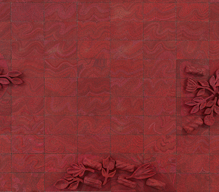 Image of Elias Sime's large scale, red-colored artwork titled 'Tightrope: It is Green 8,' 2023.