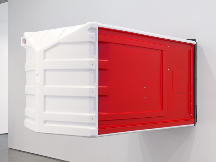 Four Red Portable Toilets, 2018. Four sculptures consisting of HDPE, Rivets, Toilet paper,